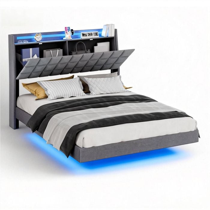 Advwin Queen Floating Bed Frame with LED Lights and Storage Headboard Dark Grey