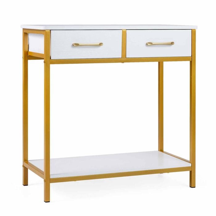 Costway 75cm Narrow Console Table Metal Modern Entryway 2 Drawer White