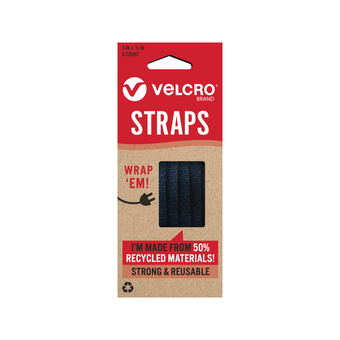 VELCRO Brand ECO Straps 9.5mm x 12.7cm Black Ties - 6 Pack
