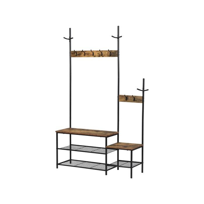 IHOMDEC Parent-Child Wood Metal Hall Tree Coat Rack Shoe Bench Rustic Dark Brown