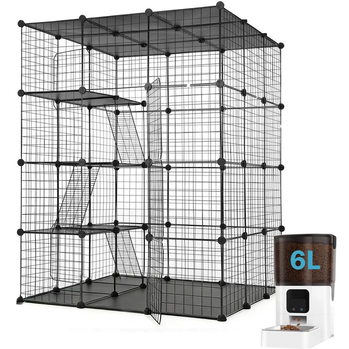 Advwin 4-Tier Metal Cat Cage DIY Enclosure with 6L Automatic Pet Feeder