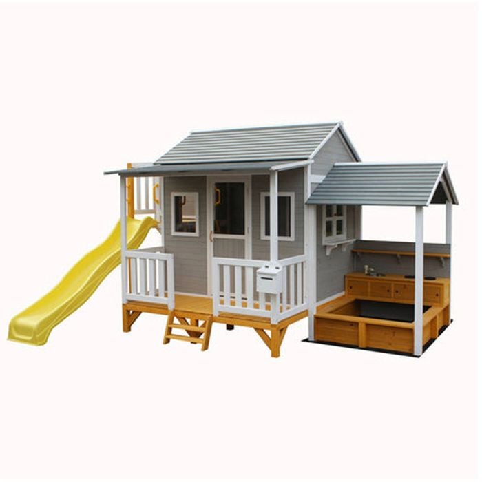 Kidzshack Delightful Kids Wooden Cubby House W/mud Kitchen/yellow Slide 3+