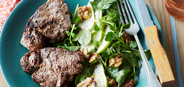 matador spiced lamb loin chops with pear and walnut salad