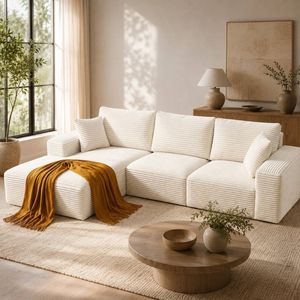 Homfurn 275cm Modular Sofa Bed – Frameless 3-seat, White Corduroy, Deep Seat, No Assembly Required