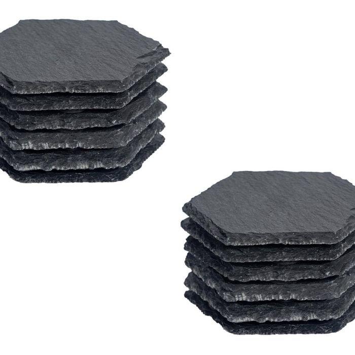 Argon Tableware 12x Hexagonal Slate Coasters - Drink Coasters Black Stone Natural Slate Rough Edge Drinks Mat Mug Glass Cup Mats