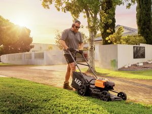Person mowing a lawn in a well-maintained suburban garden during golden-hour light.