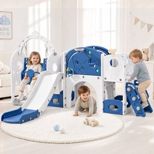 Advwin 4 in-1 Kids Slide and Swing Set with Basketball Hoop Blue