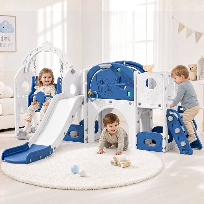 Advwin 4 in-1 Kids Slide and Swing Set with Basketball Hoop Blue