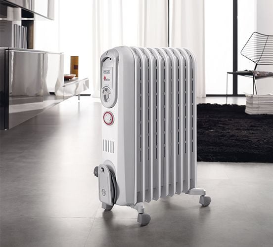 A wheeled oil heater