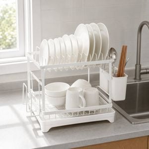 HOMFURN 2-Tier Dish Drying Rack with Drainboard, Utensil Holder & Cup Organizer, Compact Kitchen Countertop Dish Drainer for Pla