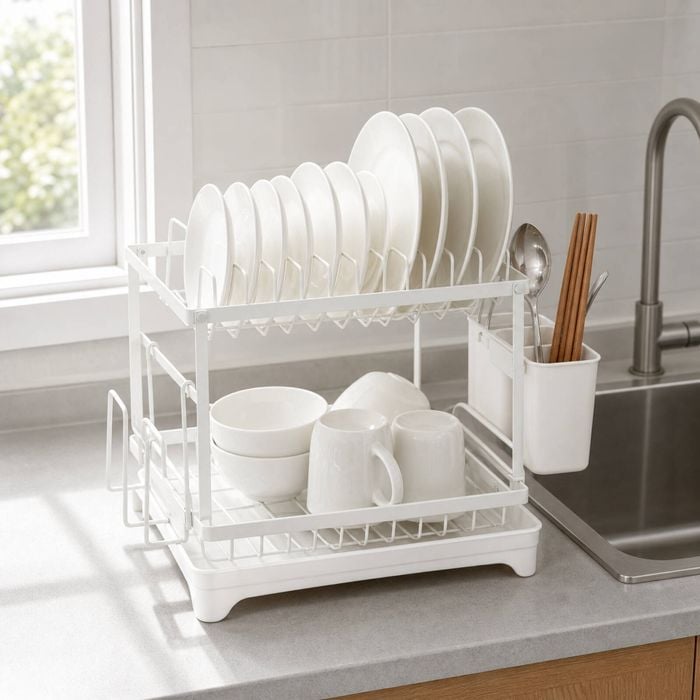 HOMFURN 2-Tier Dish Drying Rack with Drainboard, Utensil Holder & Cup Organizer, Compact Kitchen Countertop Dish Drainer for Pla