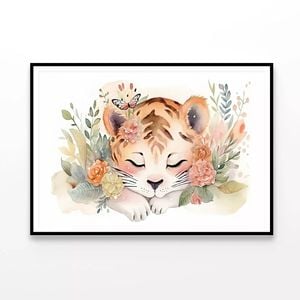 Happy Tiger Cub with Flowers  Print 100% Australian Made 90x60cm  (Poster)