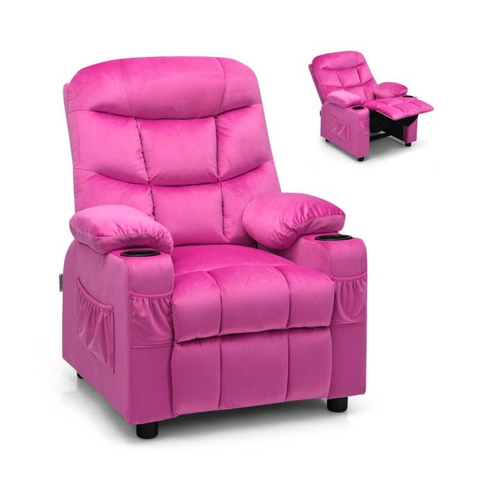 Costway Kids Velvet Sofa Adjustable Recliner With Cup Holder&side Pocket Pink
