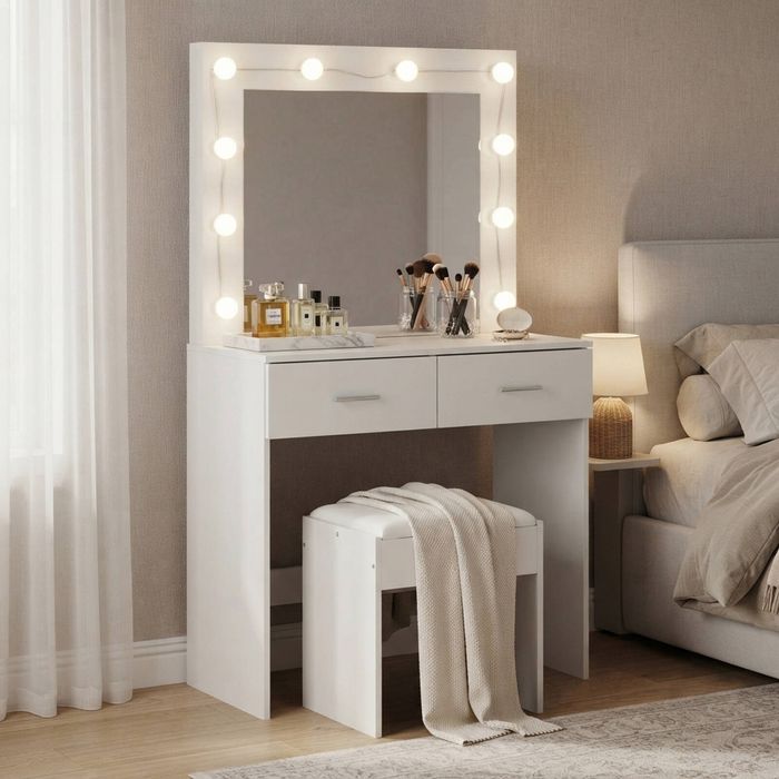 Oikiture Dressing Table Stool Set Makeup Mirror White 140.5cm