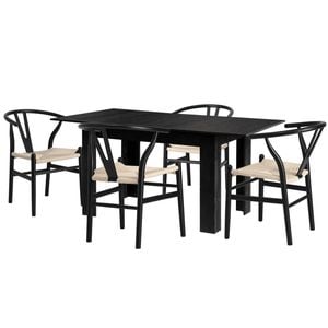 Oikiture 160cm Extendable Dining Table with 4x Hans Wegner Dining Chairs Black