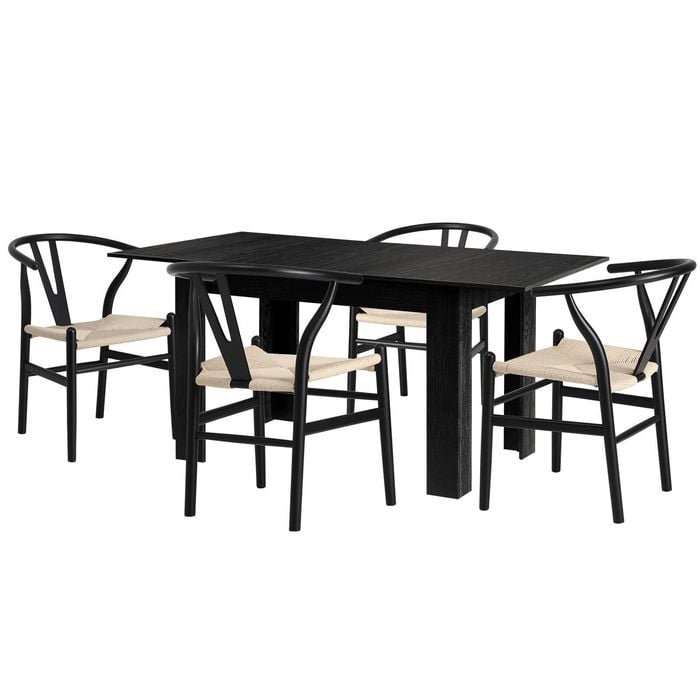 Oikiture 160cm Extendable Dining Table with 4x Hans Wegner Dining Chairs Black
