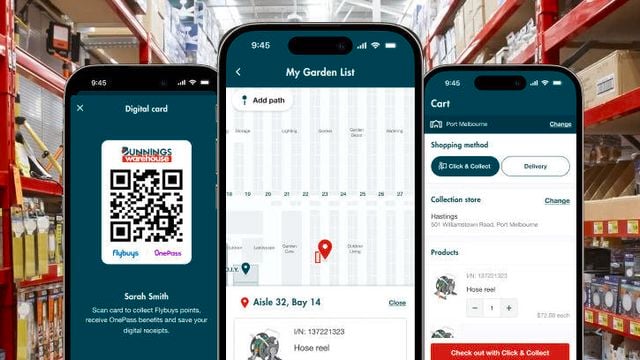 Bunnings App images on the front of 3 x mobile phones.