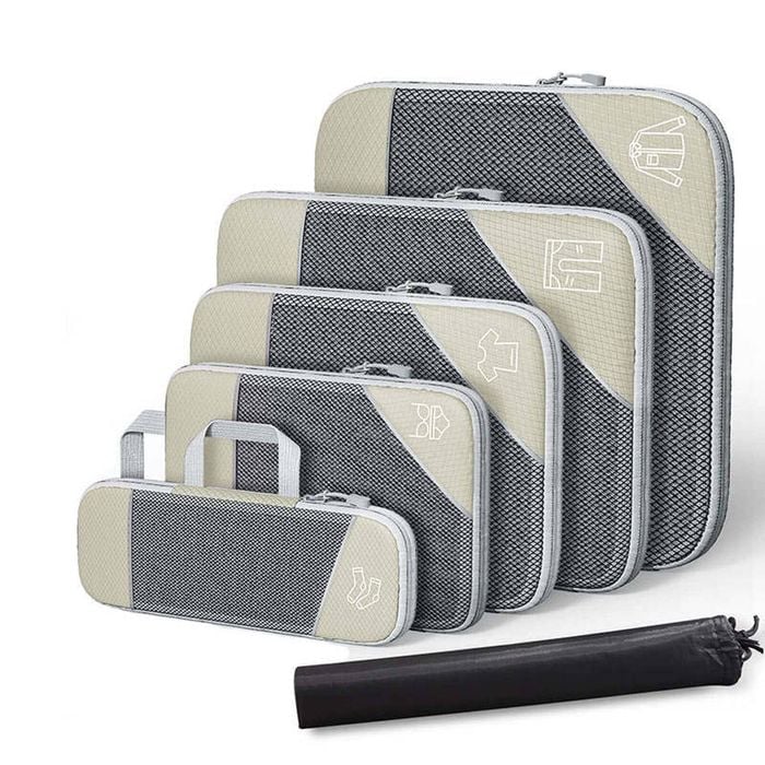 Catzon 6 Pcs Compression Packing Cubes Expandable Organiser-Beige