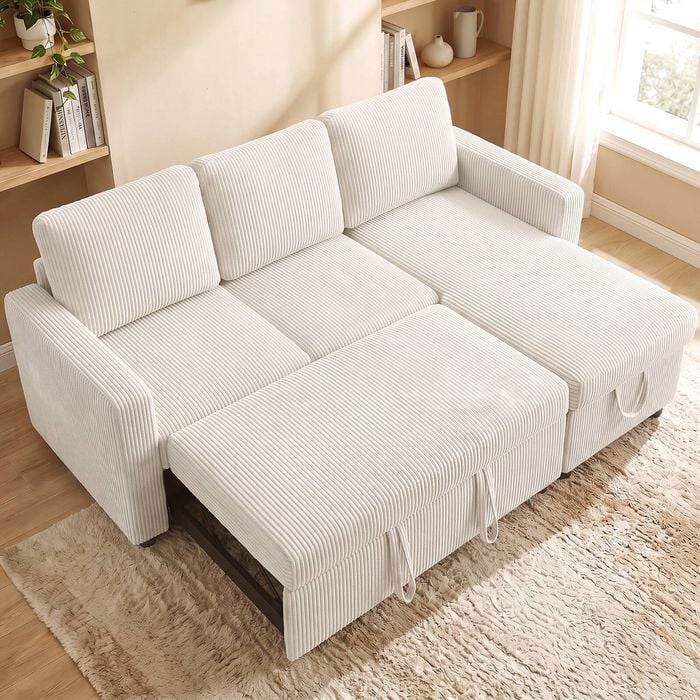 Advwin 3 Seater Sofa Bed w/ Storage Chaise 196cm Corduroy Pull Out Lounge Sleeper Couch Beige