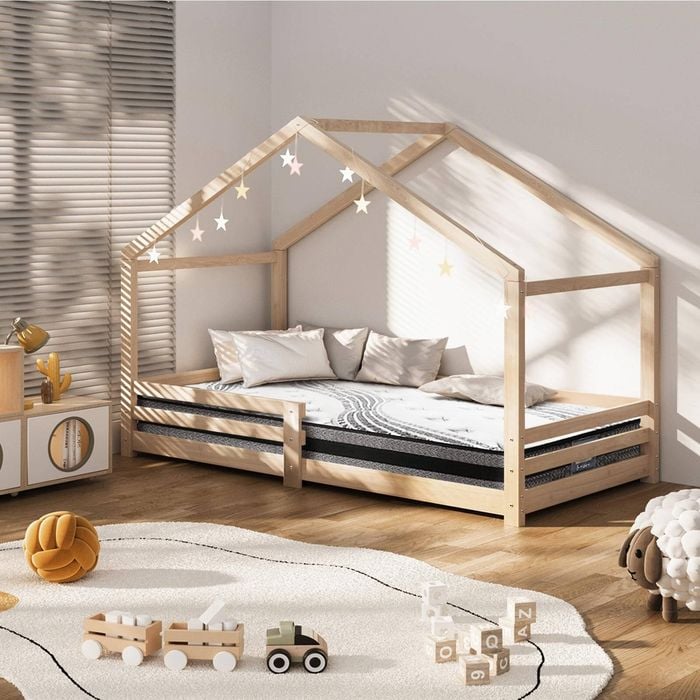 Oikiture Kids Bed Frame Mattress Wooden Timber House Montessori
