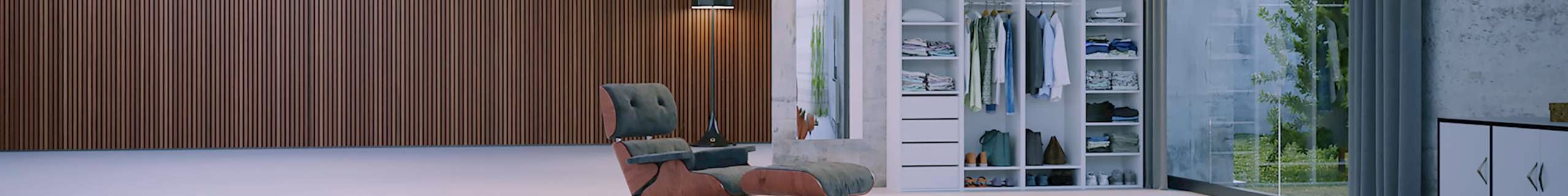 Organized built in wardrobe and lounge room with lamp.