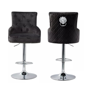 P&P Black Velvet 360° Swivel Bar Stool With Lion Head Detail And Adjustable Height