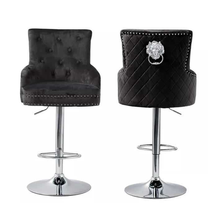 P&P Black Velvet 360° Swivel Bar Stool With Lion Head Detail And Adjustable Height