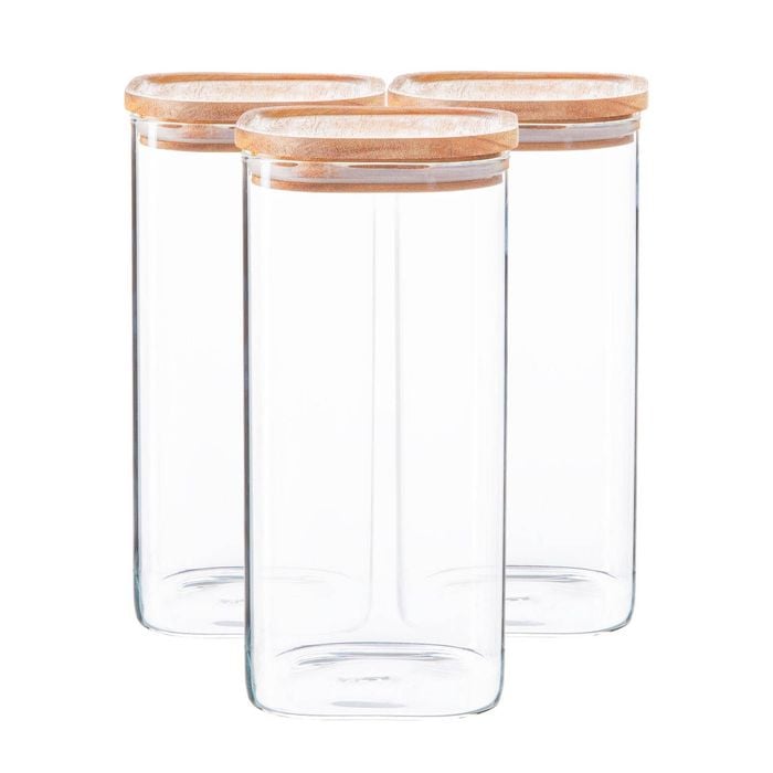 Argon Tableware 3x Glass Storage Jars With Airtight Wooden Lids - 1.5l - Square Cube Kitchen Storage Container Preserving Jars