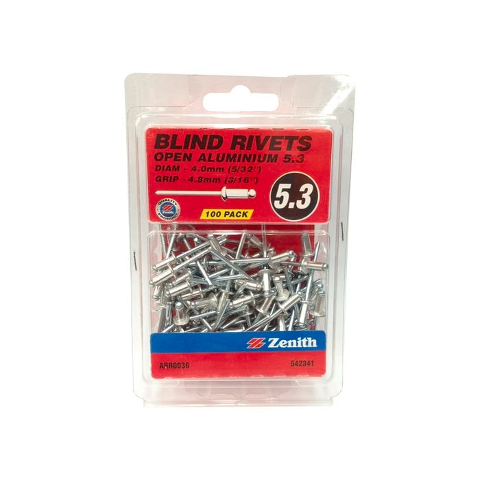Zenith Blind Rivet Open Alum 5/32"D x 3/16"G 100pk