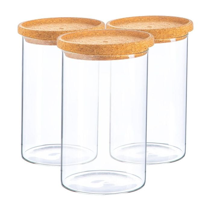 Argon Tableware Glass Storage Jar - Cork Lid - 1l - Modern Round Scandi Organisation Container Glass Jar - Set Of 3