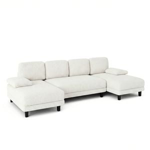 Advwin 280cm 4 Seater Sectional Sofa Corduroy Fabric U Shape Couch Modern Sofa Couch with Double Chaise Beige