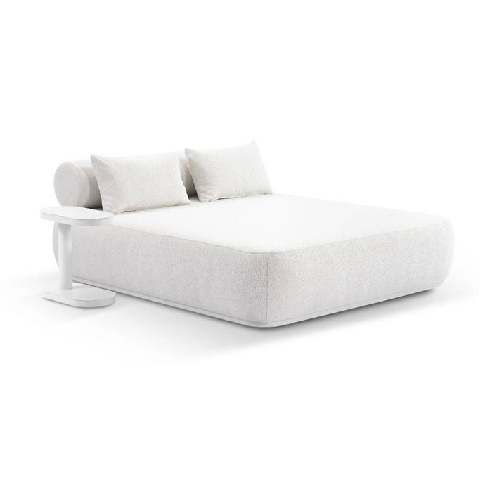 Norfolk Outdoor Aluminium Double Sun Lounge Daybed White With Side Table & Boucle Cream Cushions