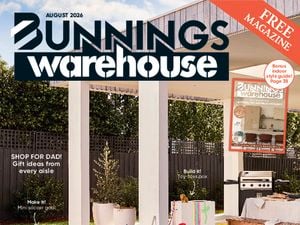 Bunnings Warehouse August 2026 magazine cover featuring a backyard family activity zone with a mini soccer goal, toy-toss box and dog on a covered patio. Cover headline reads “Action all areas: Set up zones for fun and games this Father’s Day,” with additional features including gift ideas for Dad, landscaping trends and a bonus indoor style guide.