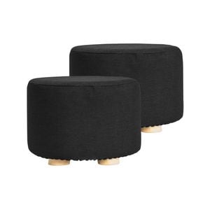 La Bella 2 Set Black Fabric Ottoman Round Wooden Leg Foot Stool