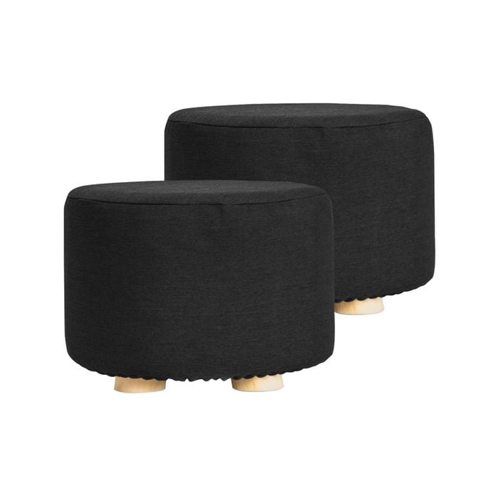 La Bella 2 Set Black Fabric Ottoman Round Wooden Leg Foot Stool