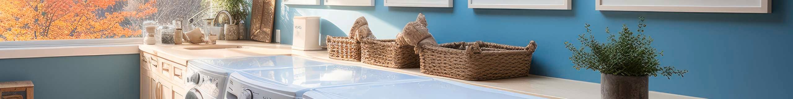 Styled laundry with washing machines and blue walls.