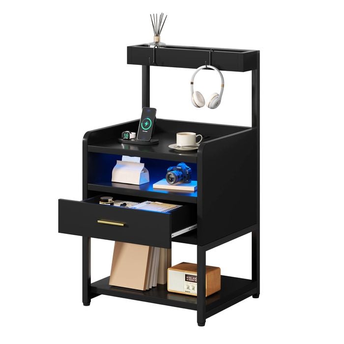 Ufurniture Side Table with Charging Station and LED Lights  Black