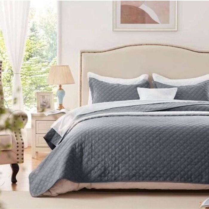 Charlie 3 Piece Lightly Quilted Polyester Embossed Coverlet Set Queen Charcoal