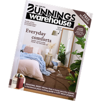 Tilted cover of the May/June 2026 Bunnings Warehouse magazine featuring a styled bedroom with layered bedding, indoor plants, and a headline reading ‘Everyday comforts’.