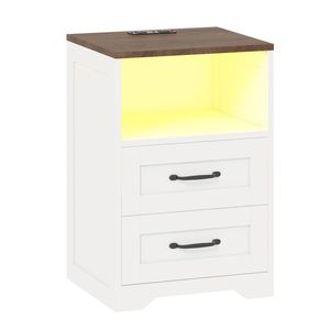 Advwin Farmhouse Bedside Table with 2 Drawers, Charging Station, LED Light Nightstand Side Table, Brown+White