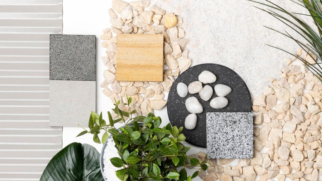 an overlay of pots, stones and pavers