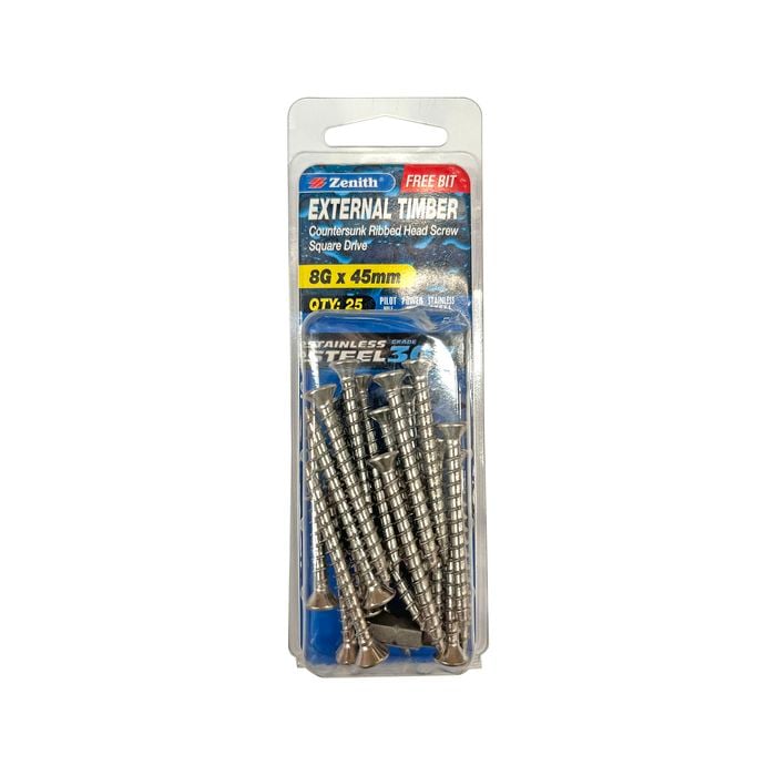 Zenith 8G x 45mm Stainless Steel 304 Square Drive External Timber Screw - 25 Pack