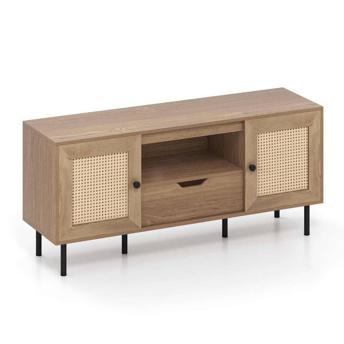 Costway 60" Boho Tv Stand W/pe Rattan Door Shelf Drawer Cabinet