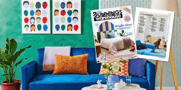 Bright living room with blue couch and Bunnings magazine overlay.