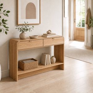 HOMFURN 120cm Console Table – 2 Drawers + Open Shelf, Curved Edges, Pine Finish