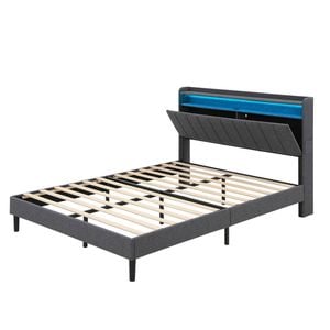 Familand LED Queen Bed Frame Storage Headboard Charging Station in Grey