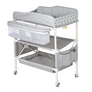 Ufurniture 4-in-1 Baby Changing Table Adjustable Infant Diaper Station Storage Basket  4 Lockable Wheels Grey
