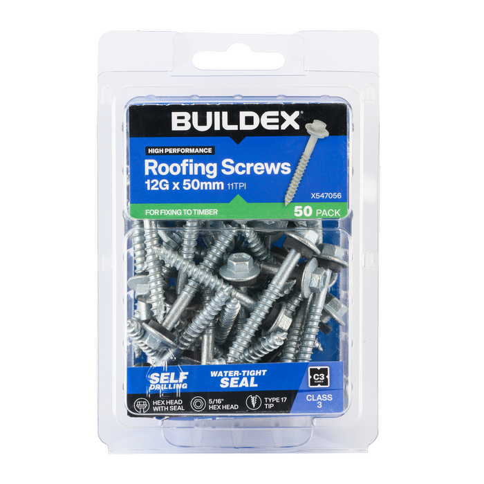 Buildex 12G x 50mm Class 3 Roofing Screws with Seal - 50 Pack