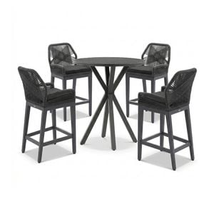 Houston Outdoor 90cm Round Aluminium Bar Table Charcoal With 4 Hugo Stools & Carbon Grey/Denim Grey Cushions