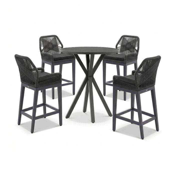 Houston Outdoor 90cm Round Aluminium Bar Table Charcoal With 4 Hugo Stools & Carbon Grey/Denim Grey Cushions